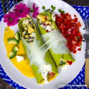 Rezept für Gemüse Enchiladas mit Avocado Käse Sauce Bild