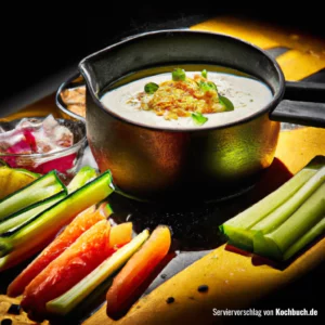 Rezept für Gemüse Fondue mit Knoblauch Joghurt Dip Bild